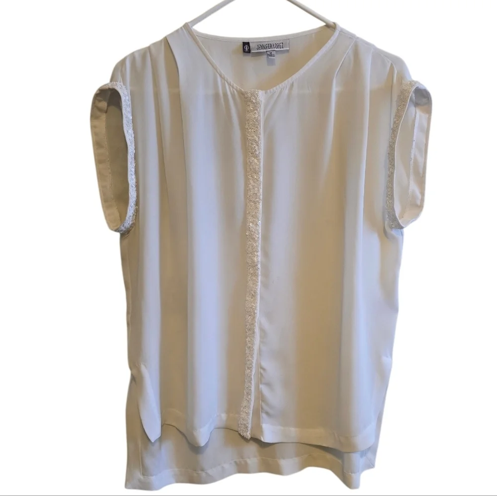 Jennifer Lopez White Beaded Trim Sheer Covered Button Down Blouse Size M - Picture 4 of 7